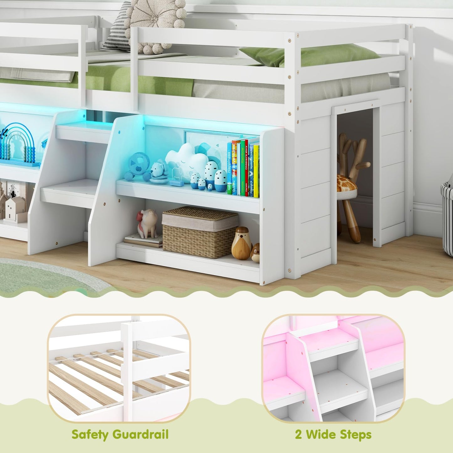 Giantex White Low Loft Bed with LED Lights, Bookcase, Storage, and Staircase for Kids - WoodArtSupply