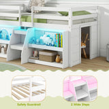 Giantex White Low Loft Bed with LED Lights, Bookcase, Storage, and Staircase for Kids Giantex