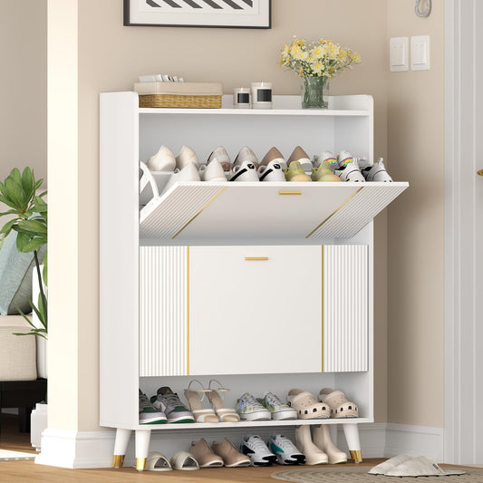 Wakefit Shoe Storage Cabinet for Entryway Slim, Shoe Organizer Cabinet with Doors, 2 Flip Drawer Shoe Cabinet Hidden, Ultra Thin Shoe Cabinet Wood （White-WhiteBullion） - WoodArtSupply