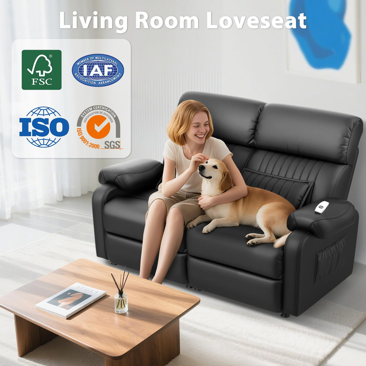 Duitrc Power Loveseat Recliner Sofa, Black PU Leather Zero Gravity Double Reclining RV Couch with USB & Type C Ports, Pillows, Side Pockets, 2 Seater for Living Room Duitrc