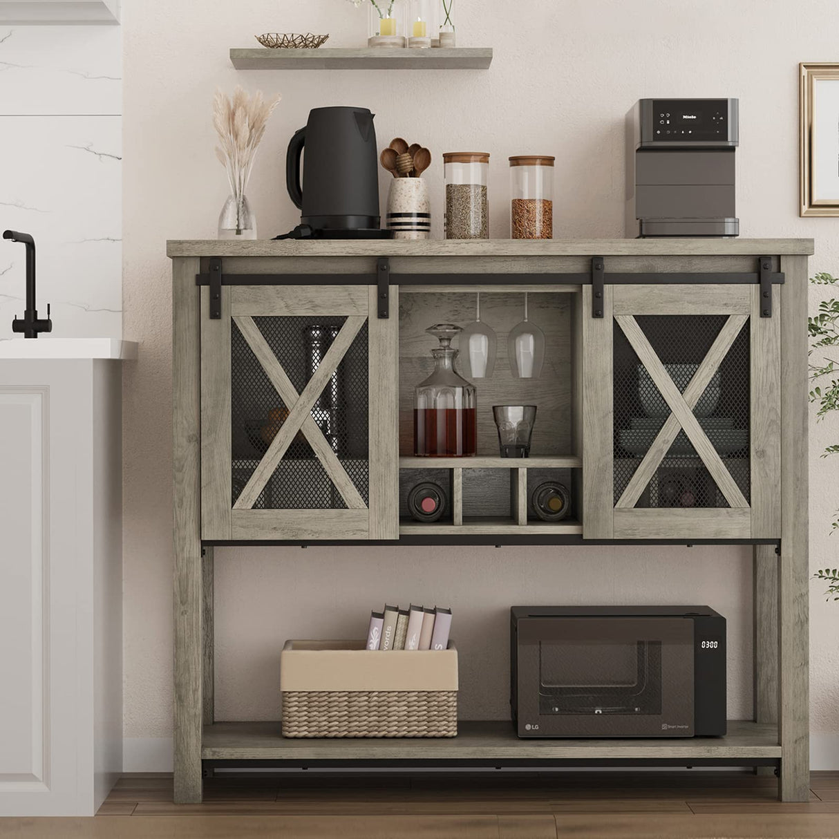 IDEALHOUSE Buffet Storage Cabinet Farmhouse Wine Cabinet Coffee Bar Table with Wine Glass Rack and Storage, Wood Buffets and Sideboards with Barn Mesh Door for Kitchen, Dining, Living Room, Grey IDEALHOUSE