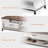 WAMPAT White Coffee Table with Drawer, Rectangle Center Table with Open Storage Shelf for Living Room, Modern Coffee Table Tea Table with Metal Legs, 42 Inch WAMPAT