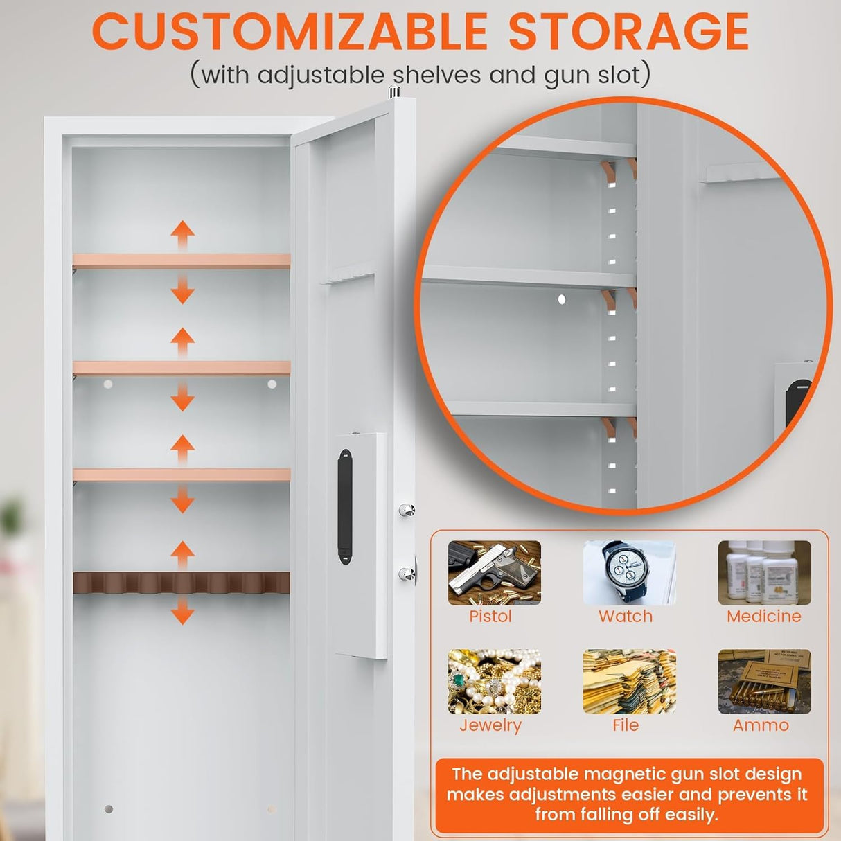 53" Tall Hidden Wall Safe with Fingerprint Lock - Fireproof & Waterproof, Dual Alarm System, 3 Adjustable Shelves, Magnetic Slot & Key Hooks - Modern White Steel Construction opentiny