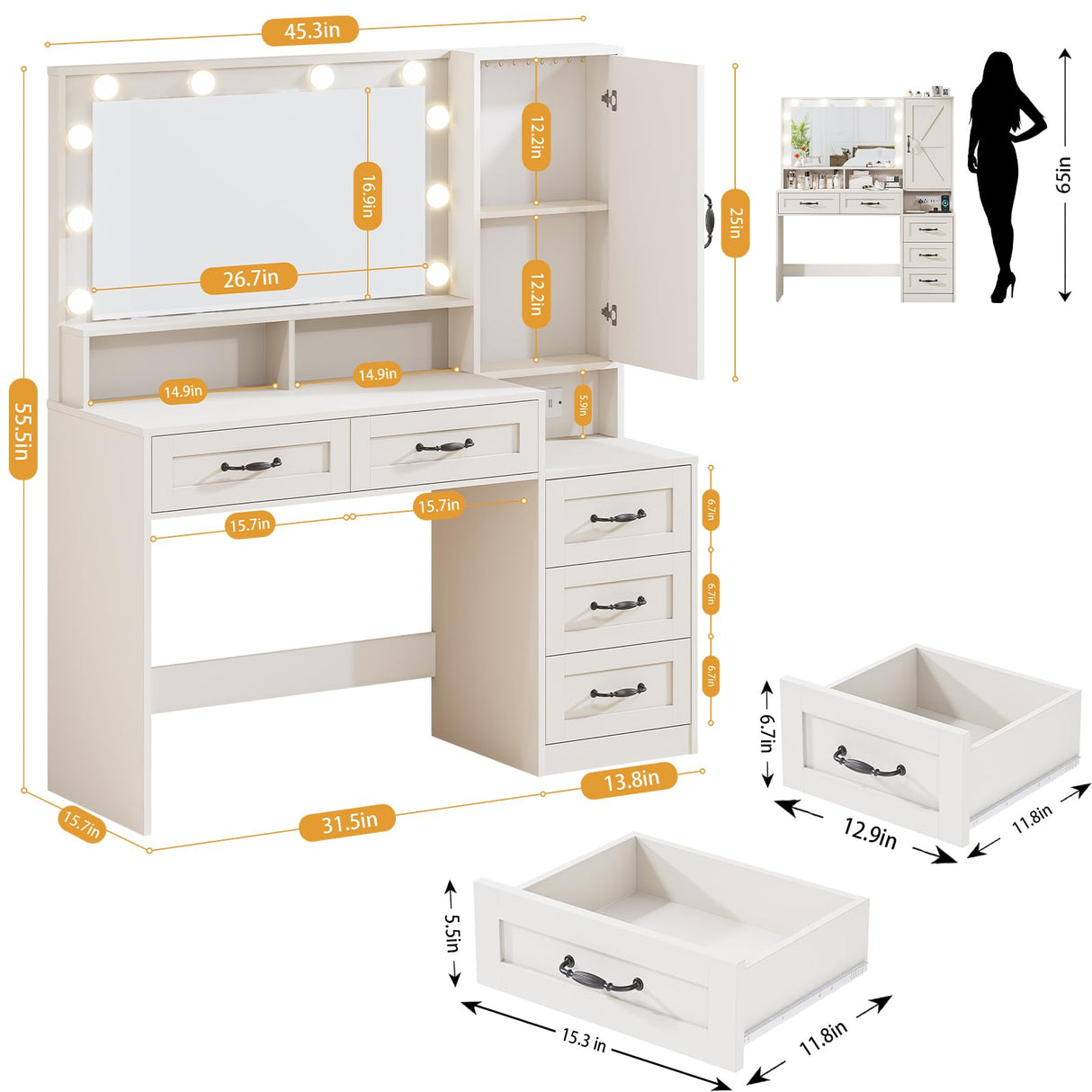 DINGIPP Farmhouse Vanity Desk with Mirror and 10 Led Lights, 45.3" Large Makeup Vanity Table with Power Outlet, 5 Drawers and 1 Cabinet, Vanity Set Dressing Table with 9 Hooks for Women Girls (White) DINGIPP