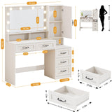 DINGIPP Farmhouse Vanity Desk with Mirror and 10 Led Lights, 45.3" Large Makeup Vanity Table with Power Outlet, 5 Drawers and 1 Cabinet, Vanity Set Dressing Table with 9 Hooks for Women Girls (White) DINGIPP