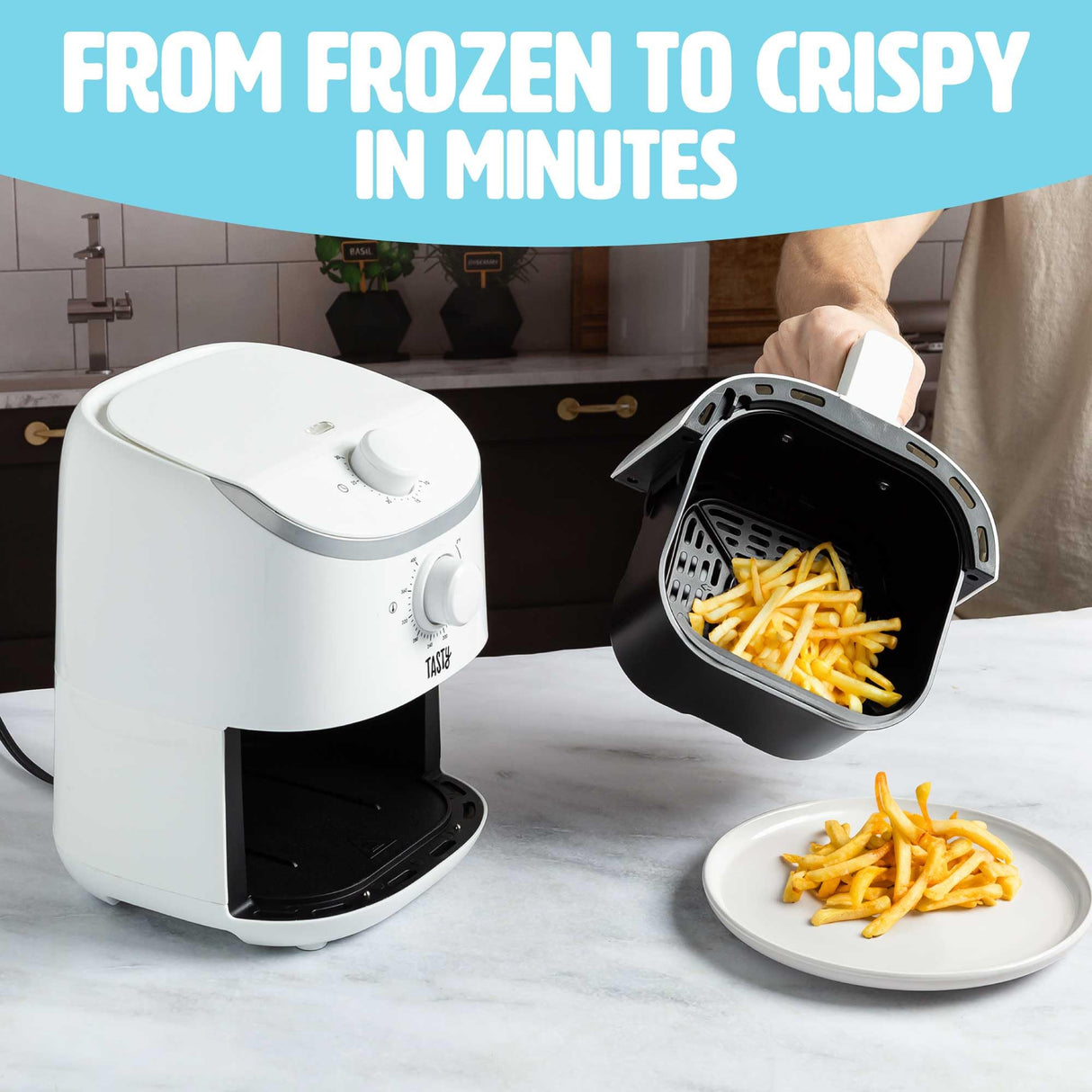 Tasty Personal Air Fryer, Healthier Meals in Minutes, Adjustable Temp Control up to 400°F, Easy-to-Use Design, Nonstick Basket and Tray Made without PFAS, PFOA, PFOS & PTFE, 900 Watts, 2-Quart, White Tasty