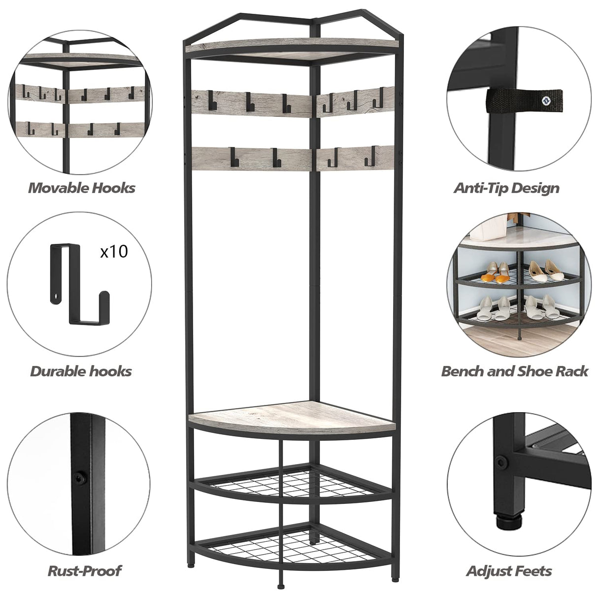 GiftGo Grey Corner Hall Tree with Shoe Bench Entryway Coat Rack with 10 Metal Movable Hooks Rustic Farmhouse Floorstanding Clothes Rack Shoes Shelf Organizer for Home Office Bedroom (Greige) GiftGo