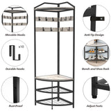 GiftGo Grey Corner Hall Tree with Shoe Bench Entryway Coat Rack with 10 Metal Movable Hooks Rustic Farmhouse Floorstanding Clothes Rack Shoes Shelf Organizer for Home Office Bedroom (Greige) GiftGo