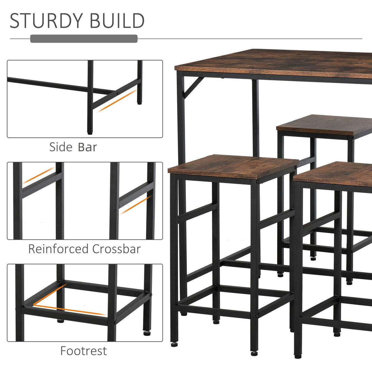 HOMCOM 5-Piece Industrial Dining Table Set, Bar Table & 4 Stools Set, Space Saving for Pub & Kitchen, Black/Brown HOMCOM