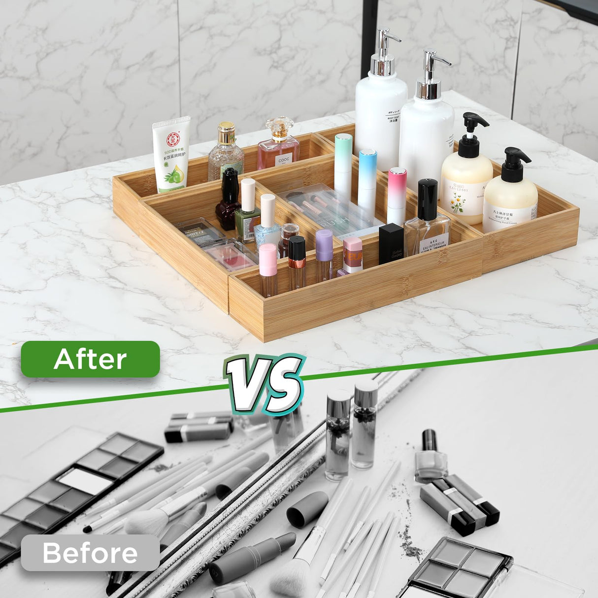 Bamboo Drawer Organizer, 2PCS Stackable Storage Boxes for Utensil Organizer, Wood Tray for kitchen, Bathroom and Bedroom 12" x 3" x 2" Timboops Home