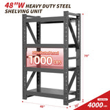 Welfiya 48" W Garage Shelving,4-Tier Heavy Duty Storage Shelves Unit with Adjustable Metal Shelf for Warehouse,Basement,Workshop,4000LBS,48" W x 20" D x 79" H,Black Welfiya