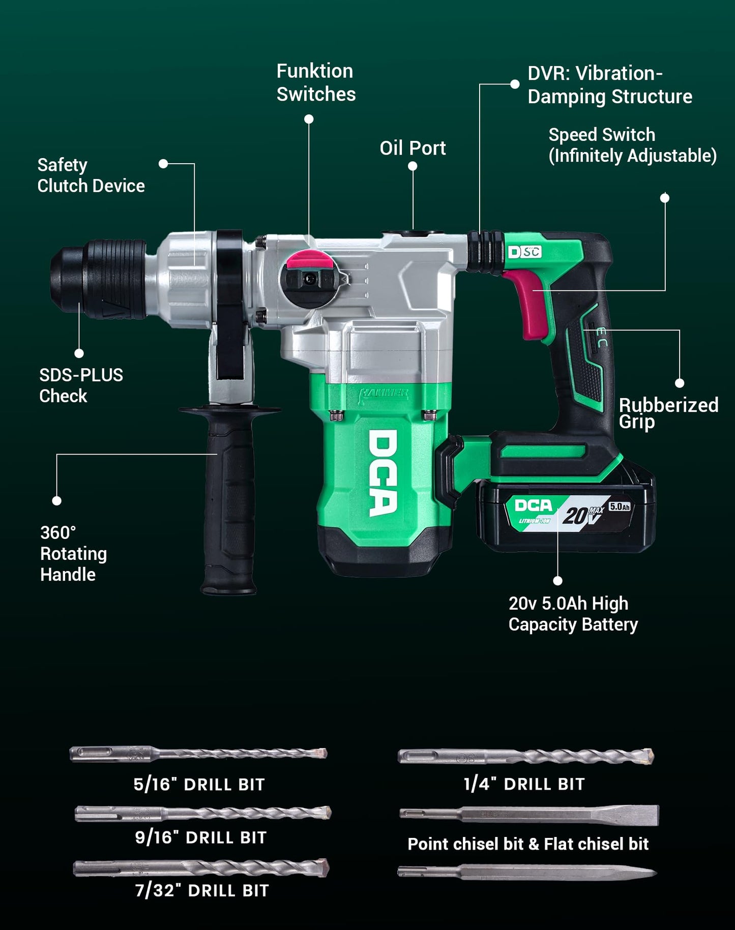 DCA 20V MAX Brushless Rotary Hammer Drill, 4.5 Joule, 3800BPM, 1-1/8 Inch SDS-Plus Cordless, 5.0Ah Battery, 4A Fast Charger, Safety Clutch and Vibration Control, 4 Drill Bits and 2 Chisels - WoodArtSupply