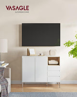 VASAGLE Sideboard, Buffet Cabinet with Doors and Height Adjustable Shelf, 3 Drawers, Open Compartment, Modern, 15.7 x 40.7 x 33.5 Inches, for Living Room, Kitchen, Study, Cloud White UBBK273W11 VASAGLE