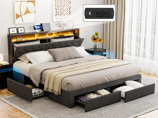 IKIFLY Dark Grey King Bed Frame with LED Storage Headboard, Charging Station & 4 Drawers - WoodArtSupply