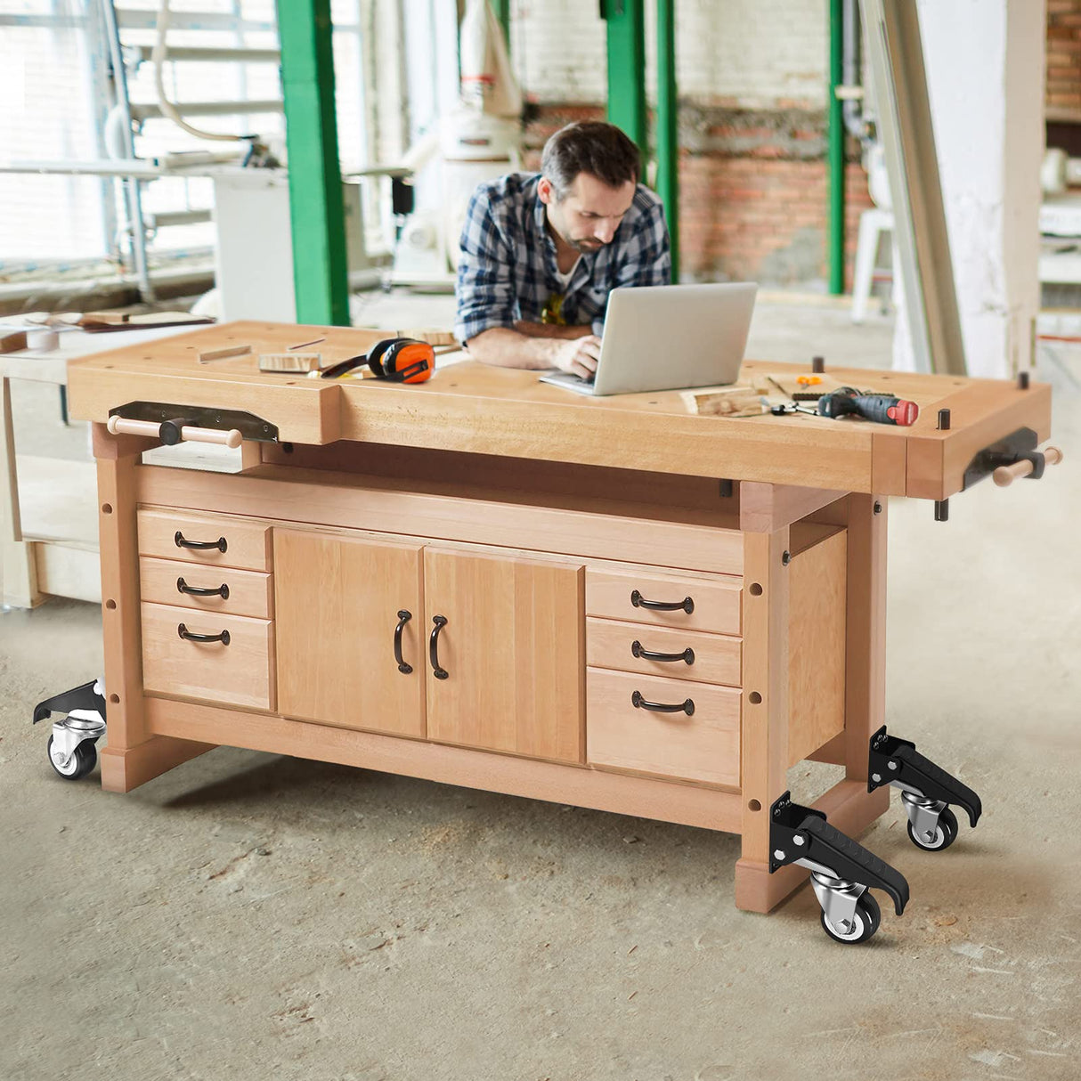 SPACECARE Workbench Casters Heavy Duty Retractable Casters Kit, Capacity 800Lbs Set of 4 Stepdown Casters Adjustable Polyurethane Durable Steel Construction SPACECARE