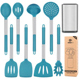 Silicone Cooking Utensil Set, 8Pcs Non-stick Cookware with Stainless Steel Handle, BPA Free Heat Resistant Kitchen Tools with Spatulas, Turners, Spoons, Skimmer and Pasta Fork BUNDLEPRO