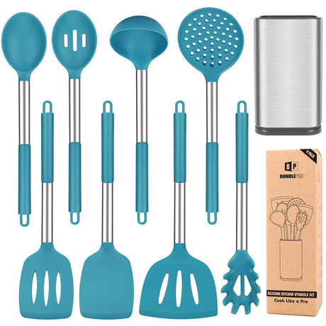Silicone Cooking Utensil Set, 8Pcs Non-stick Cookware with Stainless Steel Handle, BPA Free Heat Resistant Kitchen Tools with Spatulas, Turners, Spoons, Skimmer and Pasta Fork BUNDLEPRO
