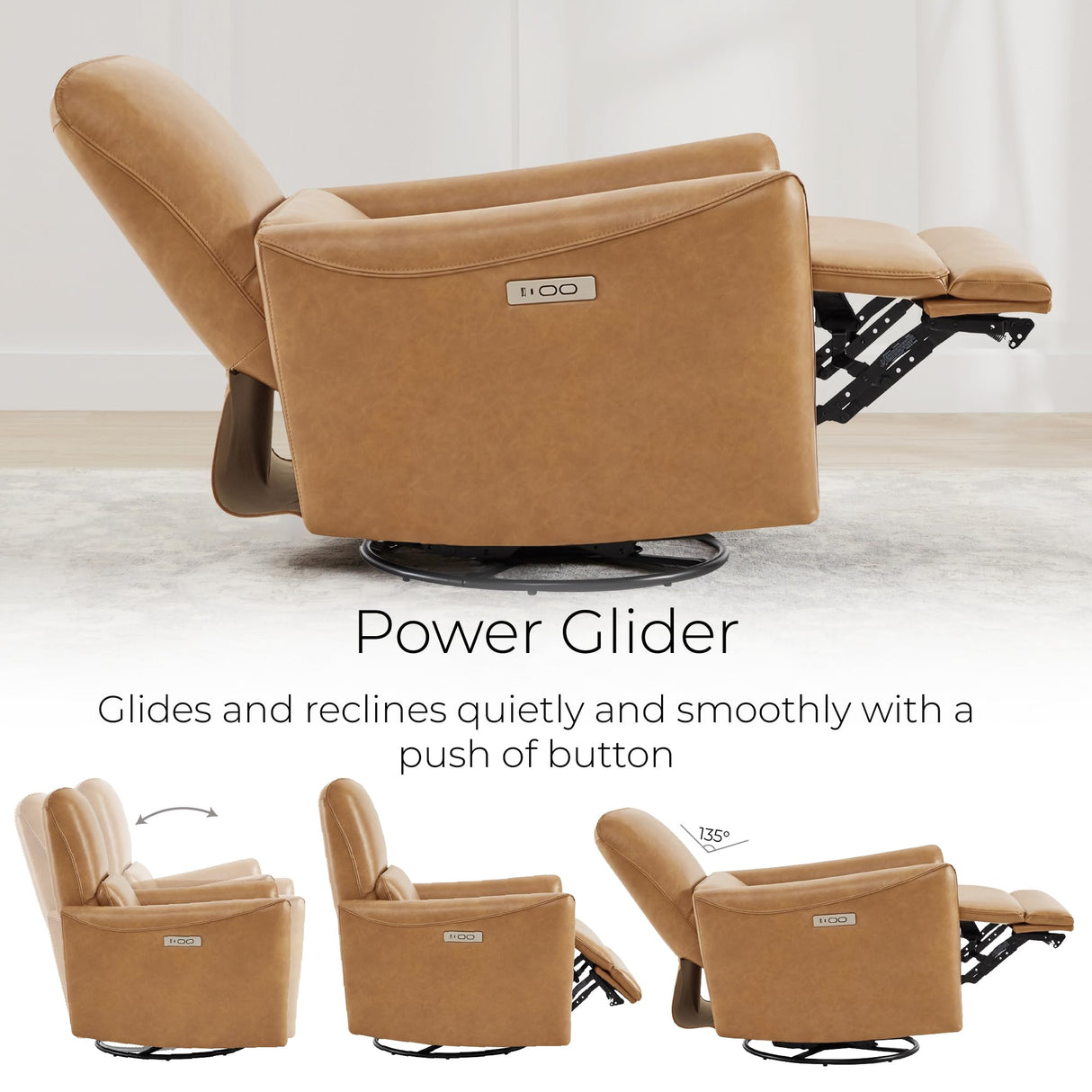 CHITA Power Recliner Chair Swivel Glider, FSC Certified Upholstered Faux Leather Living Room Nursery Reclining Sofa Chair with Lumbar Support, Cognac Brown CHITA