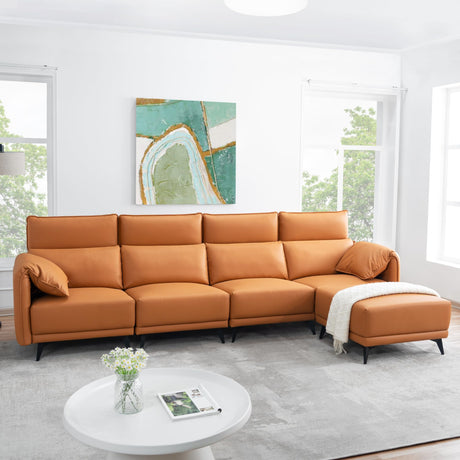 Naomi Home High Back Sectional Sofa, Oversized L-Shaped 4 Piece Modular Sectional with Ottoman, Convertible Couch with Headrests and Armrest Pillows for Living Room or Apartment, Caramel Naomi Home