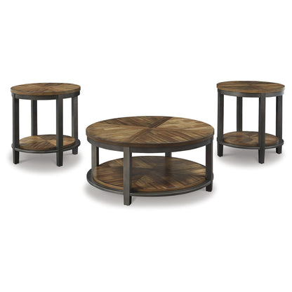 Signature Design by Ashley Roybeck Rustic Round 3-Piece Table Set, Includes 1 Coffee Table and 2 End Tables with Fixed Shelf, Light Brown - WoodArtSupply