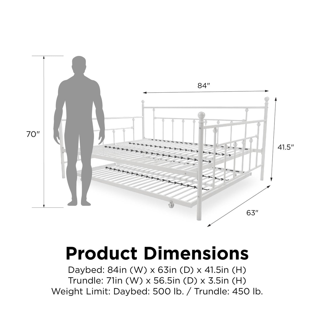 DHP Manila Metal Queen Size Daybed and Full Size Trundle (White) DHP