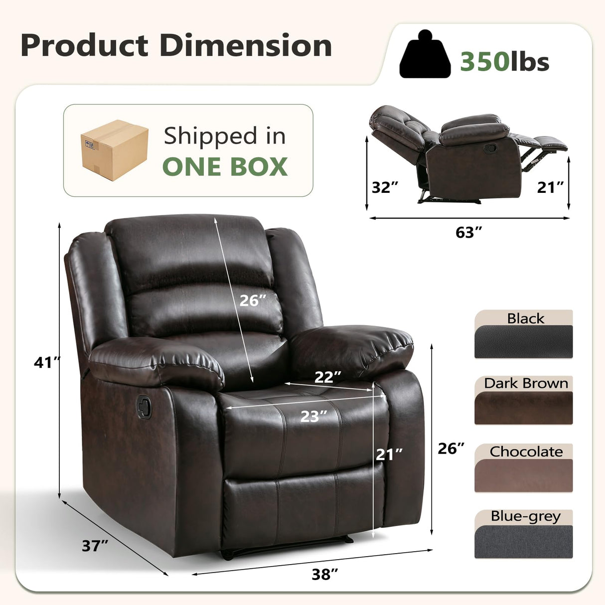 ANJ Manual Recliner Chair Set of 2, Breathable Faux Leather Reclining Chairs with Overstuffed Arm and Back, Living Room Single Sofa Recliners (Dark Brown) ANJ