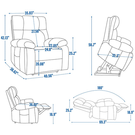 RHHVVR Oversized Power Lift Recliner Chair with Massage and Heating, 24.8" W Big Lay Flat Lift Recliner for Elderly, Medium-Firm Electric Recliners with Hidden Cup Holders,Gray RHHVVR