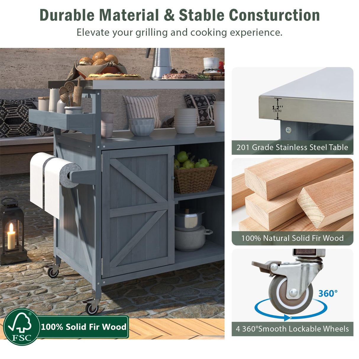 Linique Outdoor Kitchen Island, Rolling Bar Cart with Storage Cabinet, Farmhouse Solid Wood Outdoor Grill Table with Stainless Steel Top, Spice Rack, Towel Rack for Yard, Patio, Grey Blue Linique