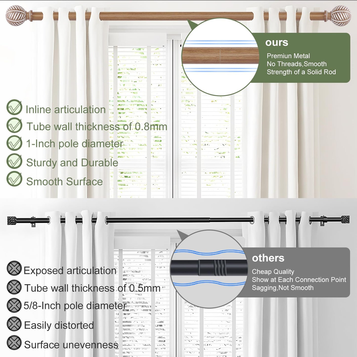 HTZON 2 Pack Wood Curtain Rods 28 to 48 Inch,1 Inch Boho Adjustable Curtain Rod,Imitation Wood Grain Leaf Window Curtains Rods,Farmhouse Rustic Heavy Duty Curtain Rods,Brown Drapery Rods Set 18-45"