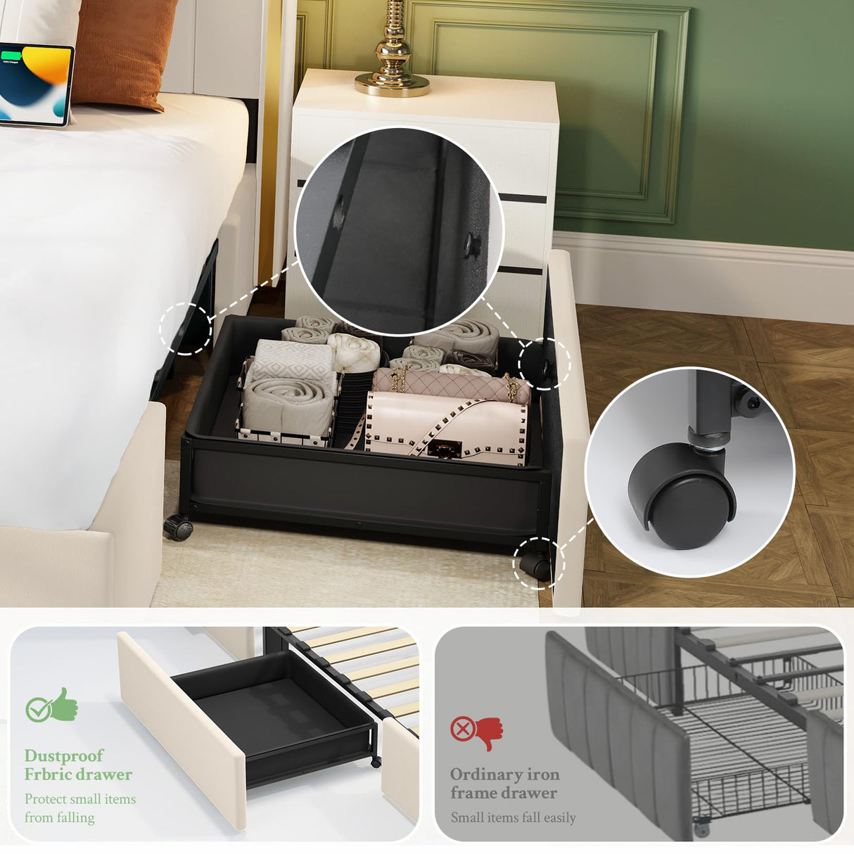 koorlian Queen Bed Frame with 4 Dustproof Drawers and 2-Tier Storage Headboard, 51”Tall Upholstered Platform Bed Frame with Adjustable Headboard, Charging Station, LED Lights, Easy Assembly, Beige koorlian