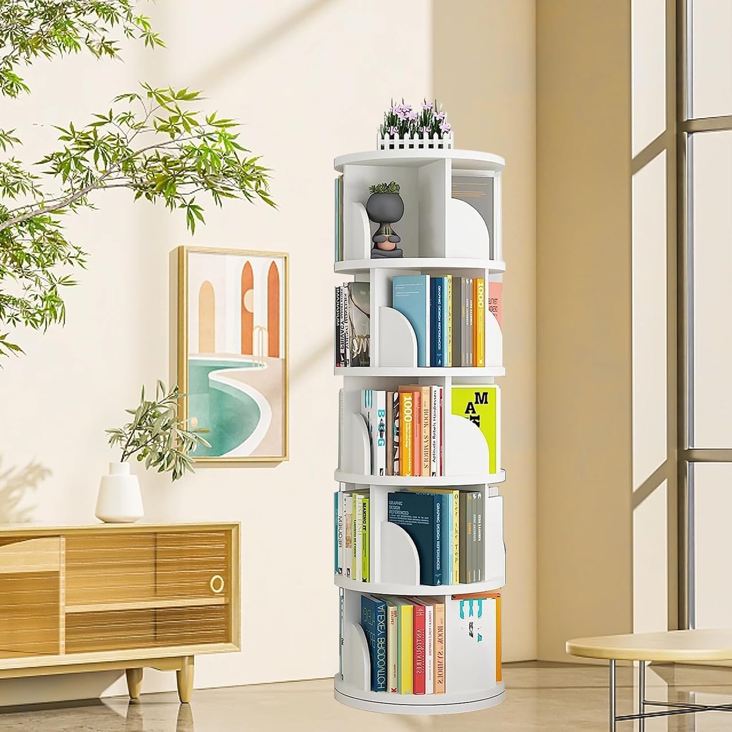 Nisorpa 5-Tier 360° Rotating Bookshelf – Space-Saving Tower Bookcase for Small Spaces - WoodArtSupply