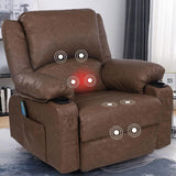 Rocker Recliner Chairs with Massage and Heat, Overstuffed Leather Swivel Recliner Chairs for Adults, Manual Rocking Single Sofa Lounge Chair Recliners with Cup Holders for Living Room,Men,Women,Brown KCREAM