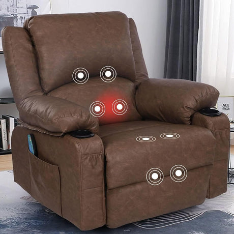 Rocker Recliner Chairs with Massage and Heat, Overstuffed Leather Swivel Recliner Chairs for Adults, Manual Rocking Single Sofa Lounge Chair Recliners with Cup Holders for Living Room,Men,Women,Brown KCREAM