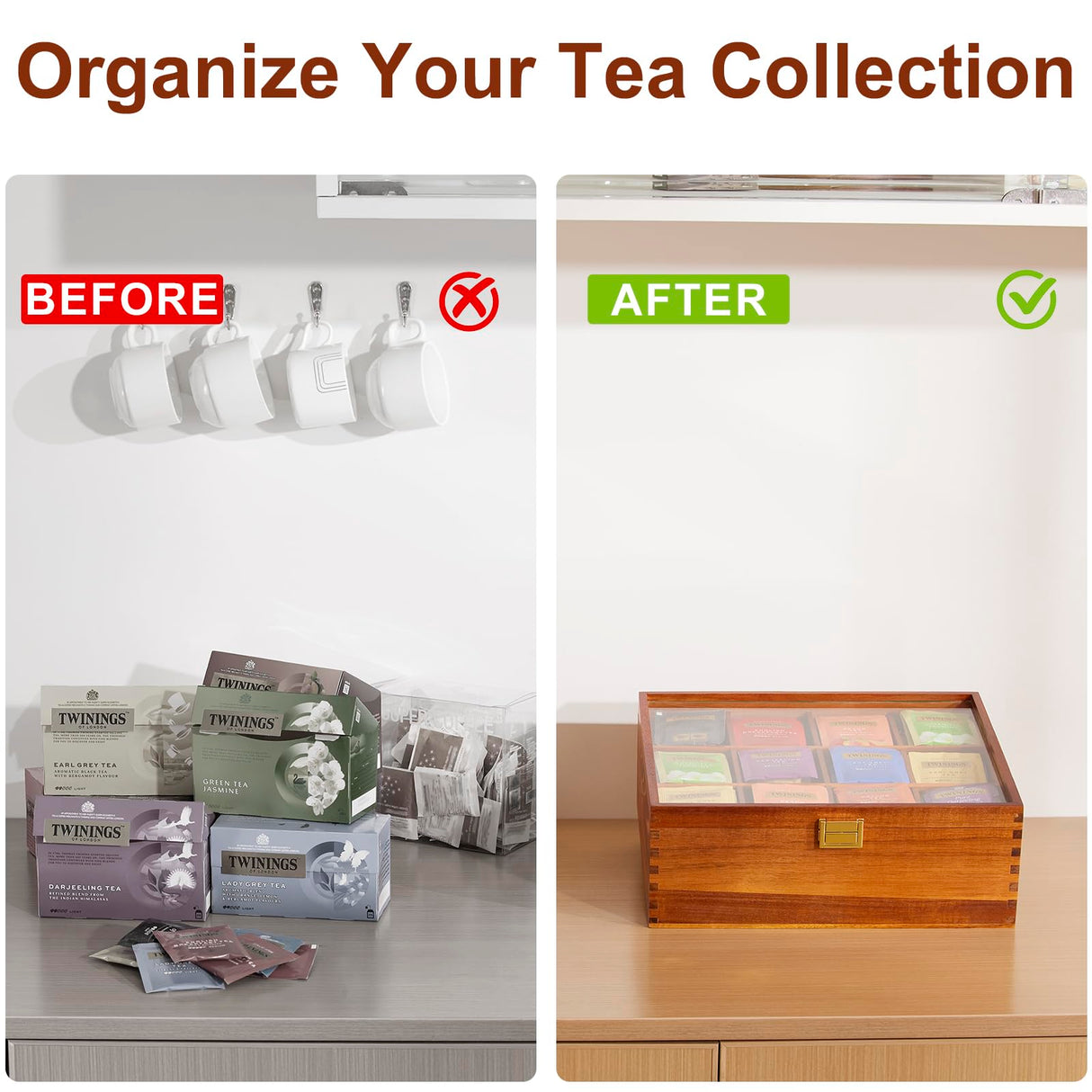 Tea Bag Organizer, Acacia Wood Tea Organizer Box, 12 Compartments Tea Organizer for Tea Bags with Clear Glass Window, Tea Bag Holder for Countertop Kitchen Cabinet Pantry - Keeps Tea Bags Fresh HouseJoy
