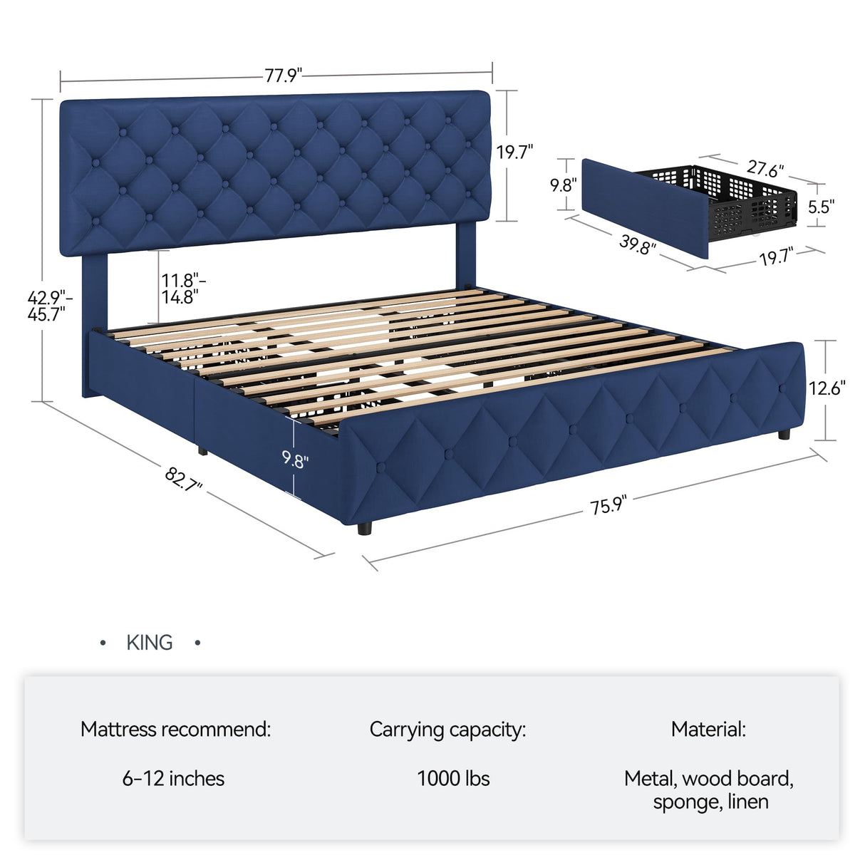 IDEALHOUSE King Size Bed Frame with 4 Storage Drawers and Adjustable Headboard, Linen Upholstered Platform Beds, Diamond Stitched Button Tufted, No Box Spring Needed, Blue IDEALHOUSE