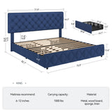 IDEALHOUSE King Size Bed Frame with 4 Storage Drawers and Adjustable Headboard, Linen Upholstered Platform Beds, Diamond Stitched Button Tufted, No Box Spring Needed, Blue IDEALHOUSE