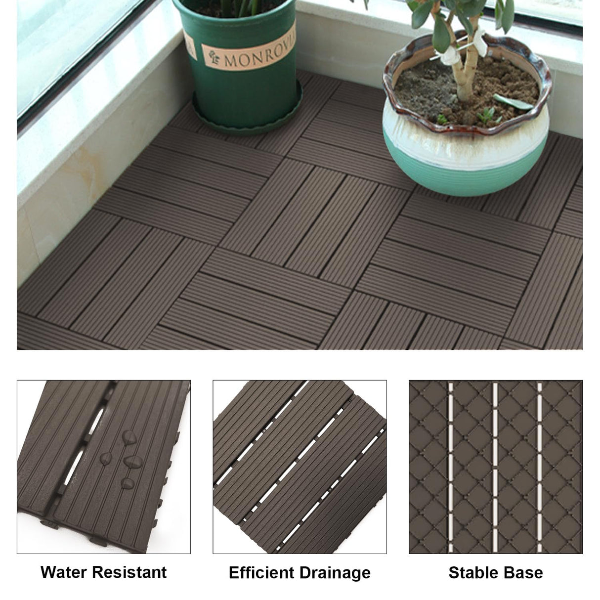 36 PCS 12x12 Interlocking Deck Tiles - All-Weather Waterproof Outdoor Pavers for Pool Decks, Balconies, Backyards & Porches, Chocolate SAILARY