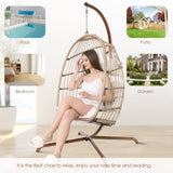 NICESOUL Hanging Egg Chair with Stand Indoor Outdoor, Comfy Patio Rattan Swing Hammock Chairs with Cushion, 350lbs Capacity Egg Shaped Chair for Lawn Backyard Balcony Bedroom, Birthday Gift, Beige NICESOUL