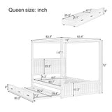 Canopy Bed Frame Queen Size, Solid Wood Four Posters Canopy Bed Frame with Headboard, Trundle and 3 Drawers, No Box Spring Needed, White RuiSiSi