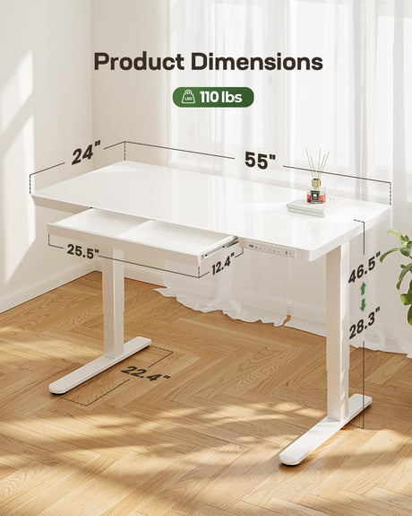 Marsail Glass Standing Desk with Drawer,55 x 28 inch Electric Standing Desk, Height Adjustable Desk with One-Piece Tabletop & USB Charging Ports, Sit Stand Desk with Storage for Home & Office White Marsail