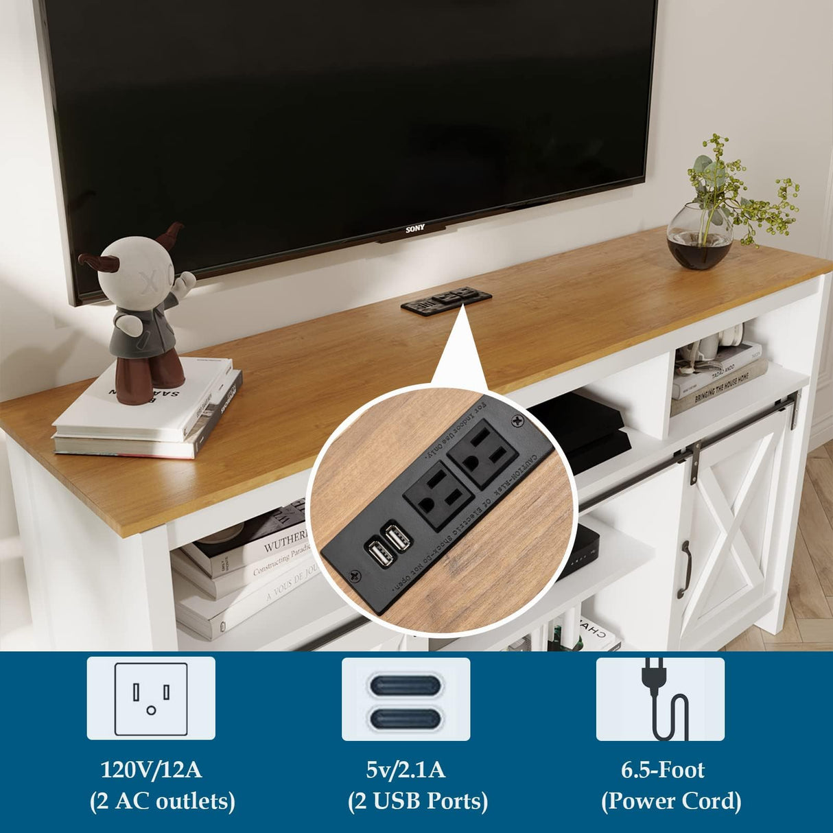 Vinctik 6&Fox 57In Wooden Farmhouse Entertainment Center for 60/65 inch TV,Double Layer Storage Farmhouse TV Stand,Double-Row Sockets with Wood Sliding Barn Door TV Stand(Double Layer White) Vinctik 6&Fox