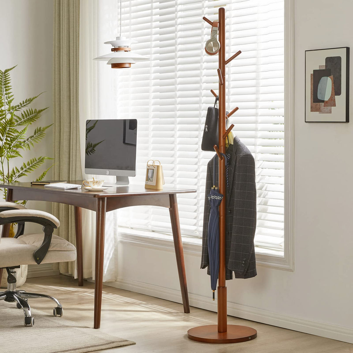 Aibiju Wood Coat Rack Freestanding, Coat Stand with 8 Hooks, Kids Coat Tree with 3 height options and Sturdy Base, Rustic Coat Rack Small Hall Tree Brown YD-1008 Aibiju