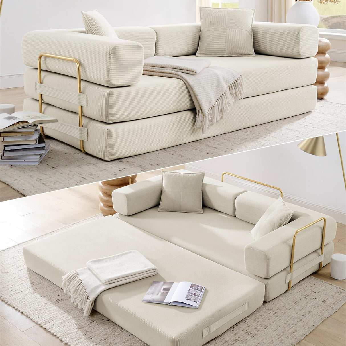 HANXIN 78 Inch Convertible Sleeper Sofa Bed, Folding Floor Mattress Couch with Fixed-Shape Frame, Futon Boneless Couch Lounge Loveseat with Pull Out Bed, No Assembly Required (Beige) HANXIN