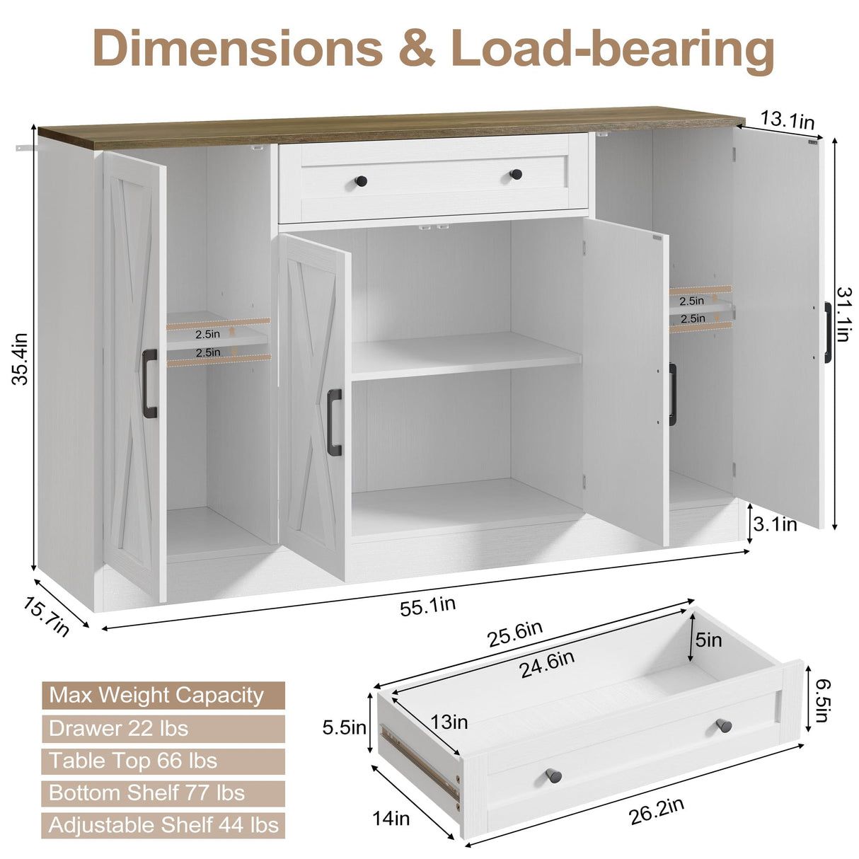 Buffet Cabinet with Storage, 55" Large Sideboard Storage Cabinet with Drawer, 4 Doors and Shelves, Modern Farmhouse Coffee Bar Table Kitchen Island Credenza for Kitchen, Entryway, Dining, Living Room Vividwood