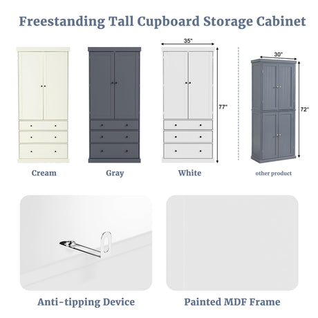 77inch Farmhouse Kitchen Pantry, Wood Storage Cabinet With 3 Adjustable Shelves, Freestanding Tall Cupboard Storage Cabinet With 8 Door Shelves And 3 Drawers For Kitchen, Dining Room (White-CR) Tdewlye
