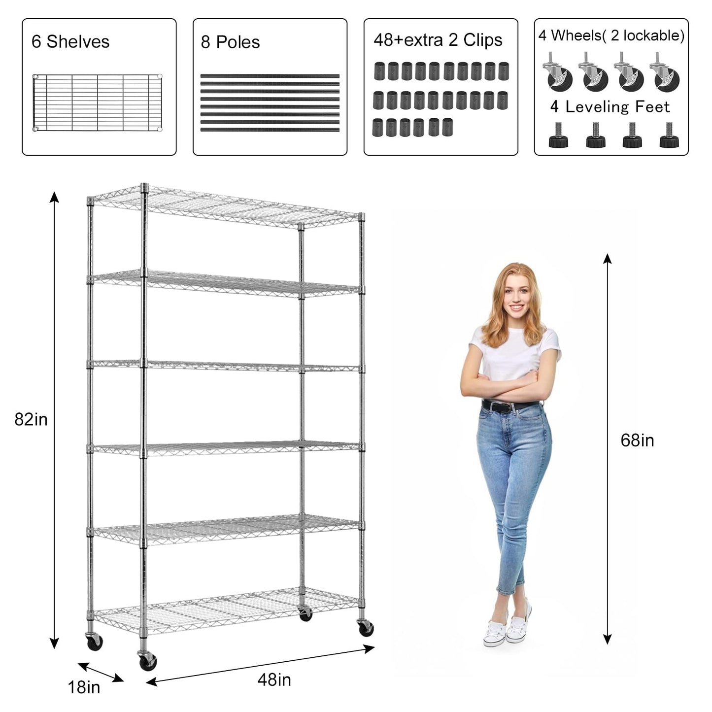 YYkokocat 6-Tier Adjustable Storage Shelves Heavy Duty Wire Shelving Unit with Wheels 2100Lb Metal Layer Rack Shelf NSF Shelving for Closet Kitchen Garage, 82" H x 48" L x 18" D - Chrome