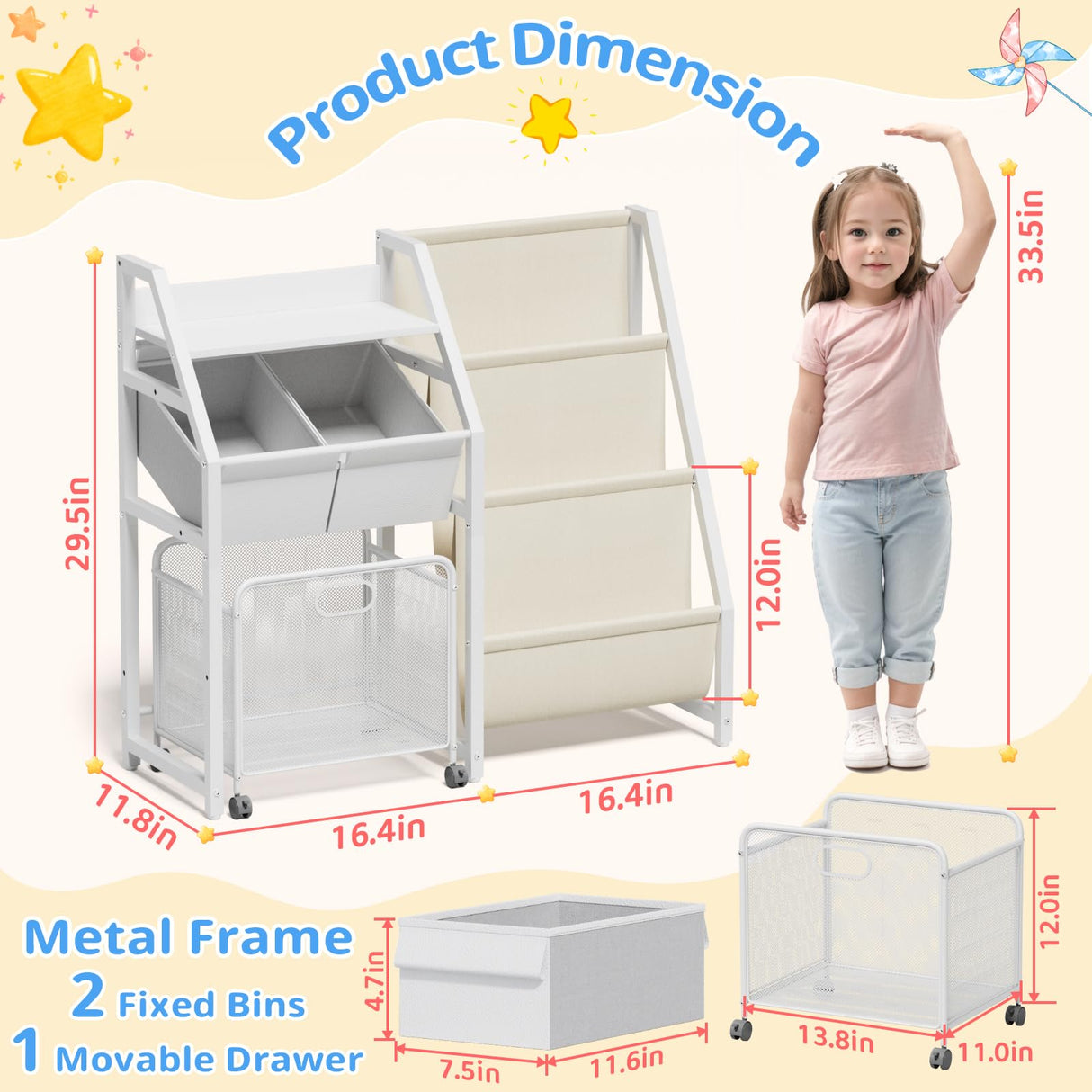 Kids Bookshelf and Toy Storage Organizer - 3 Tier Book Shelf for Kids Rooms with Movable Drawer, Kid Bookcase with 2 Toy Bins, Toddler Baby Childrens Bookshelf, for Bedroom Playroom Classroom (White) LATIBELL