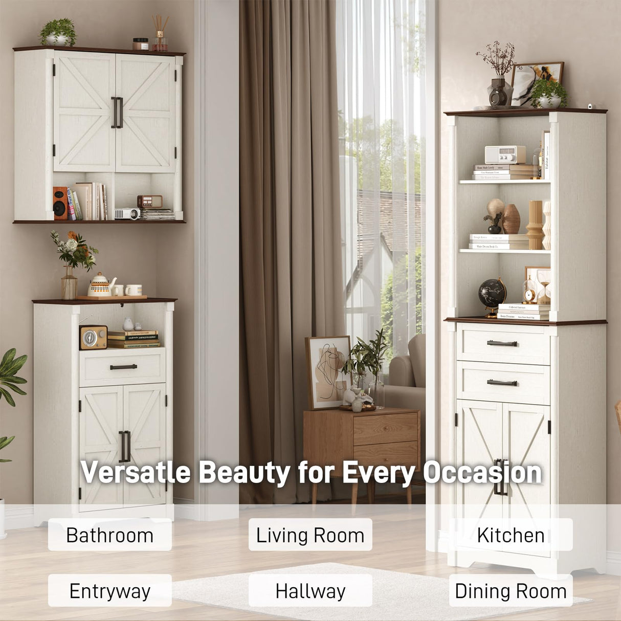 Farmhouse Bathroom Storage Cabinet,Double Wooden Bathroom Wall Cabinet with Roman Column Decor, Farmhouse Medicine Cabinets w Barn Doors,Storage Cabinets Wall Mounted for Kitchen(Rustic White) jiteentarou