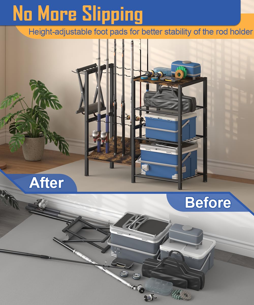 Tigerden Fishing Rod Holders for Garage, Fishing Pole Holder Stand with Multifunctional Hook, 4 Tier Fishing Gear Equipment Organizers Rack, Fits Most Rods of 1.57" for Home Entryway Corner, Black Tigerden