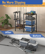 Tigerden Fishing Rod Holders for Garage, Fishing Pole Holder Stand with Multifunctional Hook, 4 Tier Fishing Gear Equipment Organizers Rack, Fits Most Rods of 1.57" for Home Entryway Corner, Black Tigerden